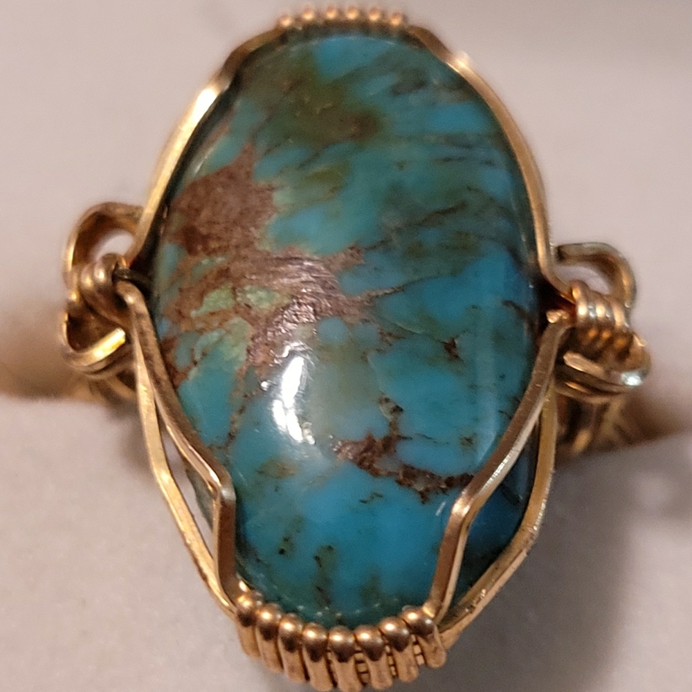 Hand crafted turquoise & gold wire wrapped ring